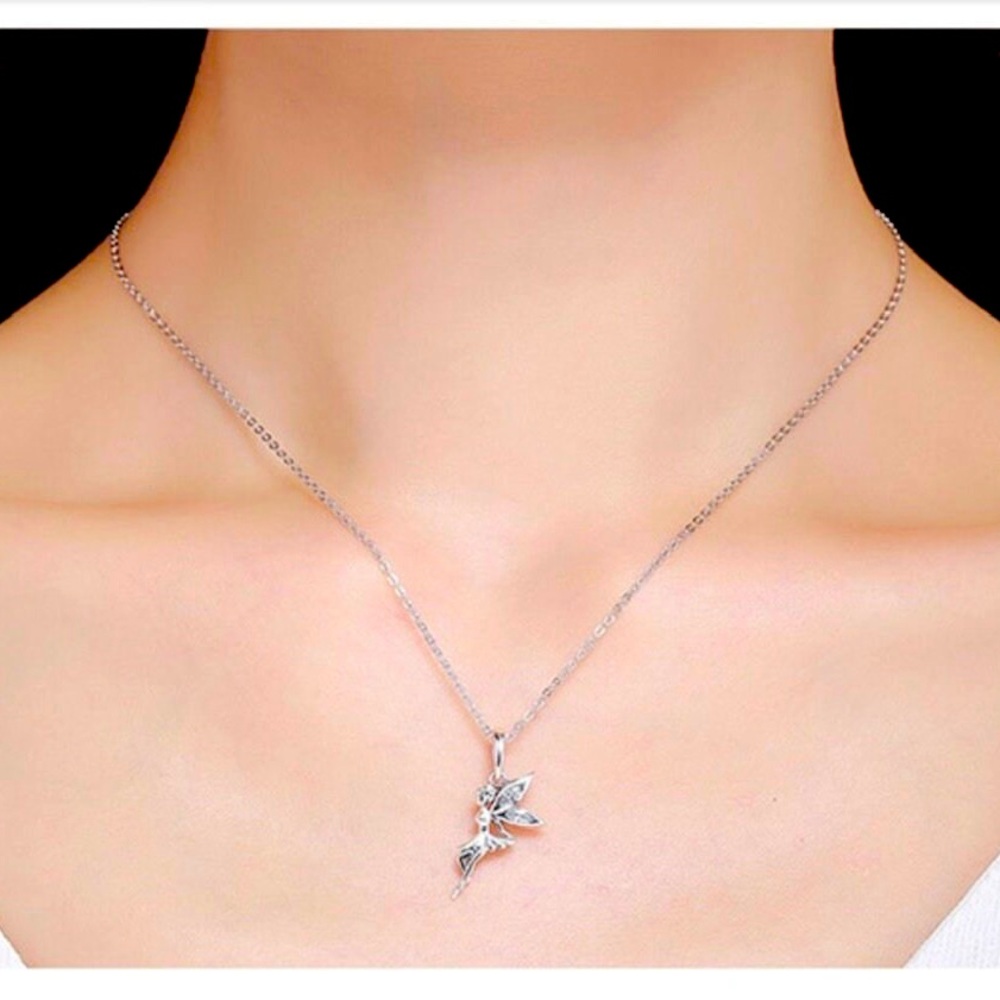 925 Sterling Silver Flower Fairy Long Necklace Women Pendant Necklace